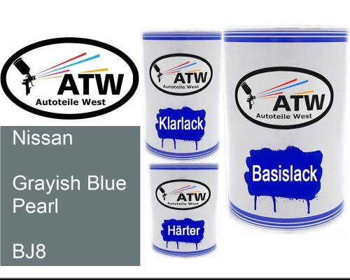 Nissan, Grayish Blue Pearl, BJ8: 500ml Lackdose + 500ml Klarlack + 250ml Härter - Set, von ATW Autoteile West.